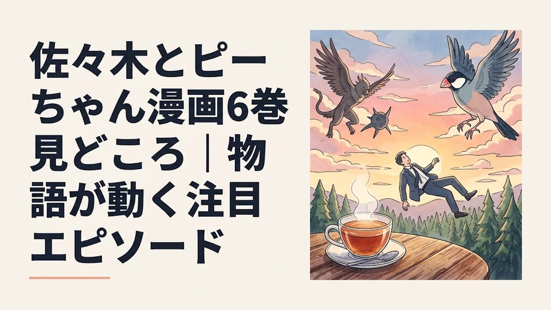 夕焼けの空で文鳥の賢者が強敵と対峙し、遠く森へ落ちていくスーツ姿の男性を見下ろす異世界の戦場