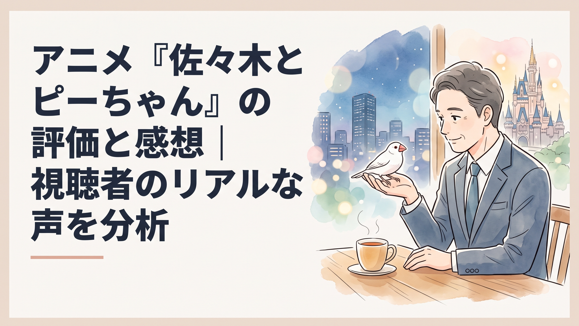 スーツ姿の中年会社員が手のひらの白い文鳥を見つめ、背後に現代の夜の街と異世界の城がぼんやり重なっている幻想的なシーン